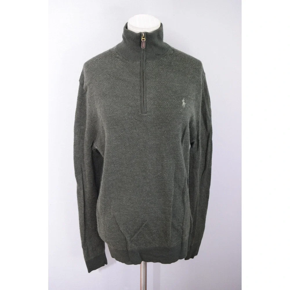 Polo Ralph Lauren Sweater Medium Olive Green Merino Wool 1/4 Zip Mens Pullover